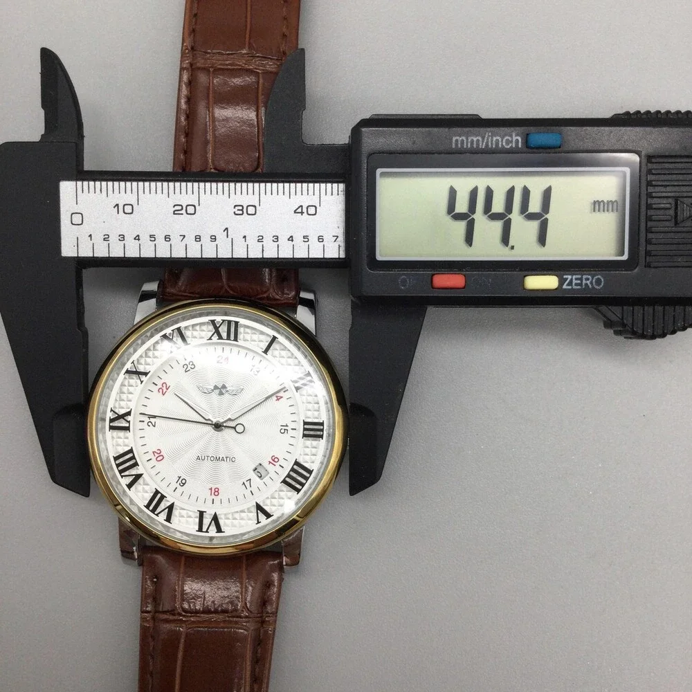 Winner Mens Watch 44mm Silver Tone 24 Hour Automatic Date Brown Leather TM142